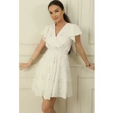 By Saygı Double Breasted Collar Short Sleeve Waist Guiped Lined Flower Embroidery Dress