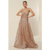 By Saygı With Thread Straps, Beading Detailed, Lined Sequins And Glitter Underwire Long Dress Salmon Cene