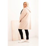 Kesi Włoski Plus Size women's coat made of faux sheepskin with a hood and pockets beige | Shoptok.si