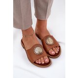 Zazoo 2938 Leather Slippers With Flat Heel And Decoration Camel | Shoptok.si