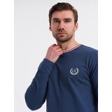 Ombre Men's cotton longsleeve with striped U neckline and embroidery - dark blue | ePonuda.com