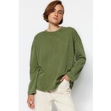 Trendyol Khaki Worn/Faded Effect Relaxed/Comfortable fit Crew Neck Long Sleeve Knitted T-Shirt | Shoptok.si