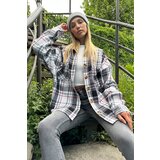 Trend Alaçatı Stili Women's Black Striped Checkered Stamped Cotton Oversize Safari Jacket Shirt Cene