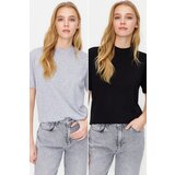 Trendyol Black-Grey Melange 2-Pack 100% Cotton Basic High Neck Knitted T-Shirt cene
