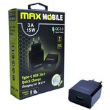 Max Mobile kućni punjač set 2u1 qc 3.0 quick charge usb+ type c, 3a,15w crni | shoptok.hr