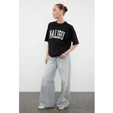 Trendyol Black 100% Cotton City Slogan Printed Oversize/Relaxed Cut Knitted T-Shirt cene