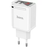 Hoco polnilec / adapter usb, univerzalni, dvojni, led prikazovalnik, 2.4A, bel