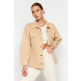 Trendyol Beige Oversize/Wide-Frame Polo Collar with Pockets and Buttons, Fleece Inner Knitted Jacket | shoptok.hr