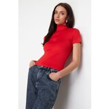 Trendyol Red Fitted/Body-Sitting Zip Collar Short Sleeve Stretch Knitted Blouse Cene