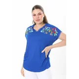 Şans Women's Plus Size Saxe Blue Embroidery Detailed Collar And Sleeve Kopenaki Lace V-Neck Blouse