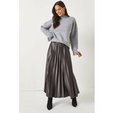 Olalook Anthracite Leather Look Pleat A-Line Skirt cene