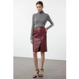 Trendyol Dark Red Limited Edition Faux Snakeskin Slit Detailed Midi Woven Skirt