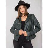 Fashion Hunters Dark green ecological leather jacket Cene