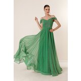 By Saygı Straps and Low-Sleeve Lined, Wide body Long Glittery Dress Cene