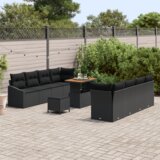 vidaXL 11-delni set vrtnega kavča z blazinami Črn poli ratan akacijev | Shoptok.si
