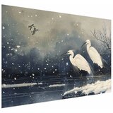  Plakat - Herons over a Winter Pond - illustration in the Japanese style in dark colors 30x21 Bez okvira | shoptok.hr