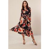 By Saygı Half Button Front Belted Waist Pleated Floral Pattern Lined Satin Dress Black cene