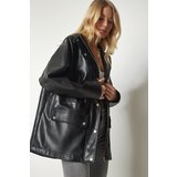 Women's Black Hooded Pocket Faux Leather Coat | Eponuda.ba