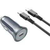 Auto Punjač sa kablom 1m Type-C to Type-C BZ26 Searcher single port PD30W Type-C car set gray