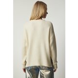  Women's Ecru V-Neck Textured Knitwear Sweater | shoptok.hr