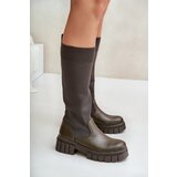 FS1 Knee Boots With Elastic Shaft On Flat Heel Light Beige Mesidra Cene