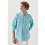 AC&Co / Altınyıldız Classics Men's Turquoise Comfort Fit Relaxed-Cut Buttoned Collar Casual Linen Shirt. Cene