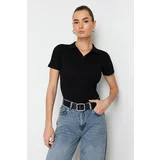 Trendyol Black Polo Neck Buttoned Short Sleeve Stretchy Ribbed Knitted Blouse