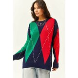 Olalook Women's Navy Blue Claret Red Diamond Patterned Oversize Knitwear Sweater Cene