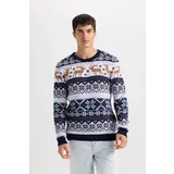 Defacto Men's Standard Fit Crew Neck Christmas Themed Knitwear Sweater