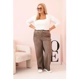 Kesi Włoski Women's Plus Size trousers with viscose, wide leg and elastic waistband brown Cene