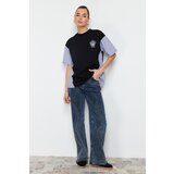 Trendyol Black Oversize/Wide Fit Poplin Detailed Printed Knitted T-Shirt Cene