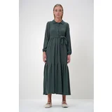 Trend Alaçatı Stili Women's Walnut Green Shirt Collar Button-Down Flounce Skirt Belted Long Dress