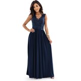 Numoco 215-6 LEA long elegant maxi dress with lace top and slit on the leg - navy blue | Shoptok.si