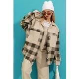 Trend Alaçatı Stili Women's Beige Checked Cachet Cotton Oversize Blocky Safari Jacket Shirt Cene