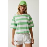 Happiness İstanbul women's white green crew neck striped crop knitted t-shirt Cene