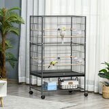 PawHut Kletka za notranje ptice iz jekla in lesa s snemljivim pladnjem, 4 kolesi, gredico in posodo za hrano, 78x52x132 cm, temno siva, (20744978) | Shoptok.si