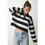 Happiness İstanbul Women's Black and White Stylish Buttoned Collar Striped Crop Knitwear Sweater Cene