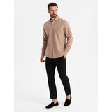 Ombre Men's linen shirt with classic collar and pockets REGULAR FIT - light brown | shoptok.hr