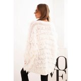 Kesi Włoski Women's cardigan with fringes and a loose fit ecru | shoptok.hr
