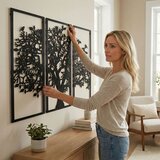 Wallxpert metalni zidni ukras 5121, drvo sa pticama u 3 uramljena panela, 150 x 100 cm, crni Cene