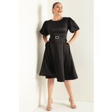 Lafaba Women's Black Balloon Sleeve Stone Belted Plus Size Satin Evening Dress Cene