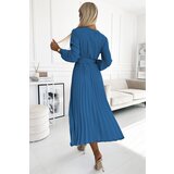 numoco basic Pleated midi dress with neckline, long sleeves and wide belt Numoco | Eponuda.ba