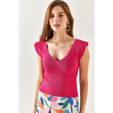 Olalook Women's Fuchsia Padded Shoulder Crop Knitwear Blouse | shoptok.hr