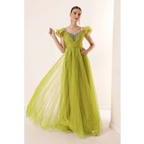 By Saygı Front Back, V-Neck Rope, Straps, Low Sleeves, Stone Detailed, Lined, Long Tulle Dress, Pistachio Green. Cene