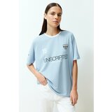 Trendyol Blue Oversize/Wide Fit Motto Printed Knitted T-Shirt Cene