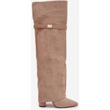 Boto Insulated boots with rolled-up shaft over the knee heel block beige Serelle | Shoptok.si