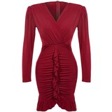 Trendyol Burgundy Fitted Lined Flounce Knitted Short Elegant Evening Dress | Shoptok.si