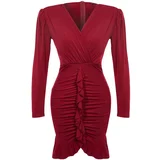 Trendyol Burgundy Fitted Lined Flounce Knitted Short Elegant Evening Dress