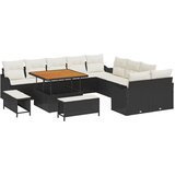 vidaXL Set od 13 dijelova sofe za vrt s jastučićima Crni Poli ratan Akacija, 2-sjedalna vrtna sofa s pohranom i jastučićima Crni Poli ratan, Set od 3 dijela vrtne blagovaonice s jastučićima Crni Poli ratan Akacija Cijene