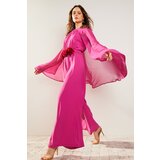 Trendyol Fuchsia Flower Belted Chiffon Cape Satin Evening Dress Jumpsuit Cene